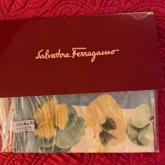 Salvatore Ferragamo Mini Silk Scarf - Blue & Yellow Pansies Print - NWT - Picture 4 of 4